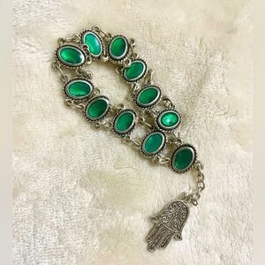 Green Glass Hamsa Hand of‎ Fatima Silver Color  Bracelet